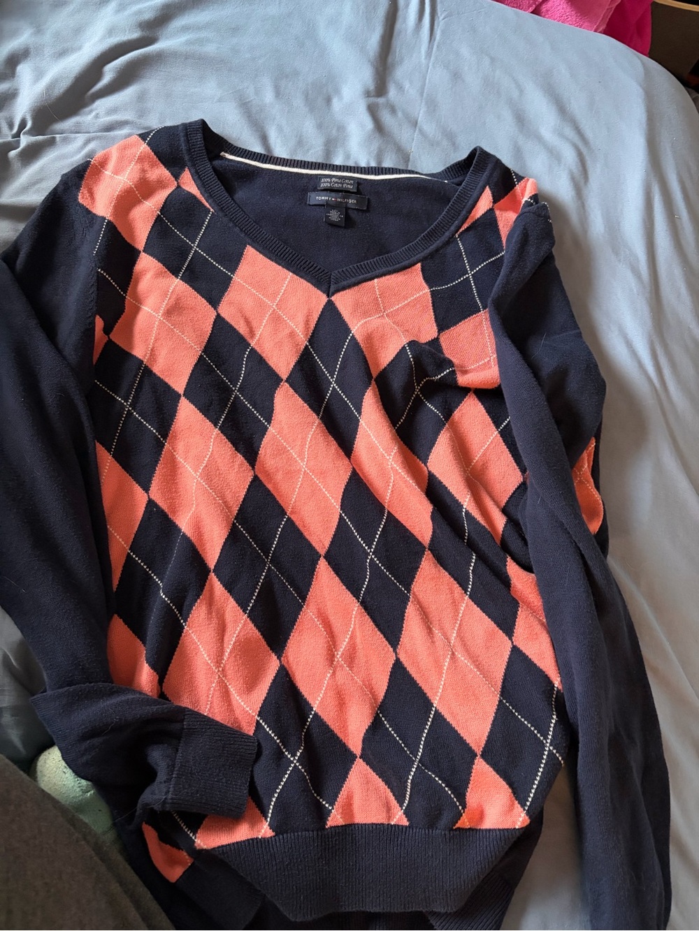 Tommy Hilfiger Coral and Navy Argyle V-Neck Sweater